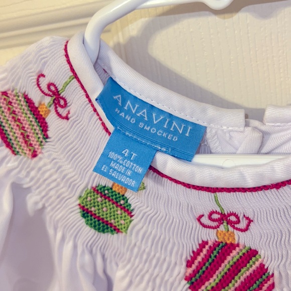 Anavini girls size 4T smock Christmas ornament white dress,hot pink ric rac trim - Picture 5 of 5